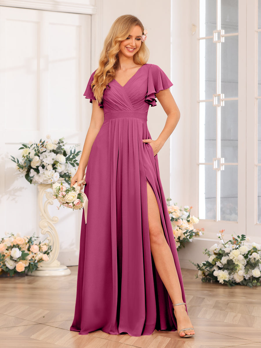 A-Line/Princess V-Neck Long Wedding Party Dresses with Split Side & Pockets Fuchsia