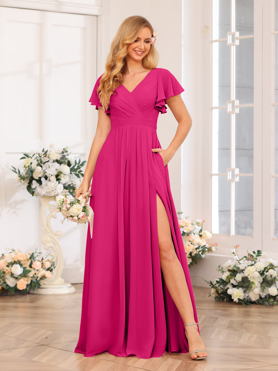 A-Line/Princess V-Neck Long Wedding Party Dresses with Split Side & Pockets Fuchsia Pink