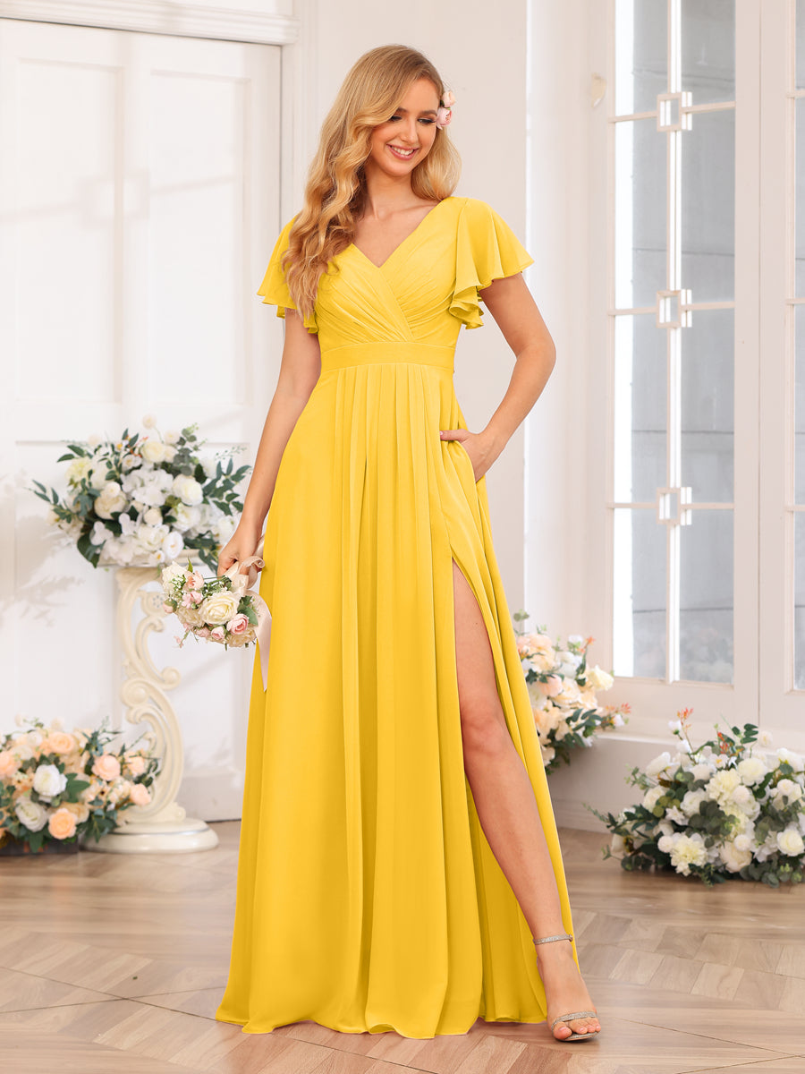 A-Line/Princess V-Neck Long Wedding Party Dresses with Split Side & Pockets Gold