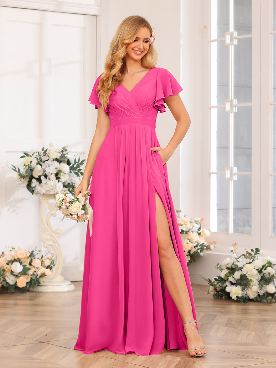 A-Line/Princess V-Neck Long Wedding Party Dresses with Split Side & Pockets Hot Pink