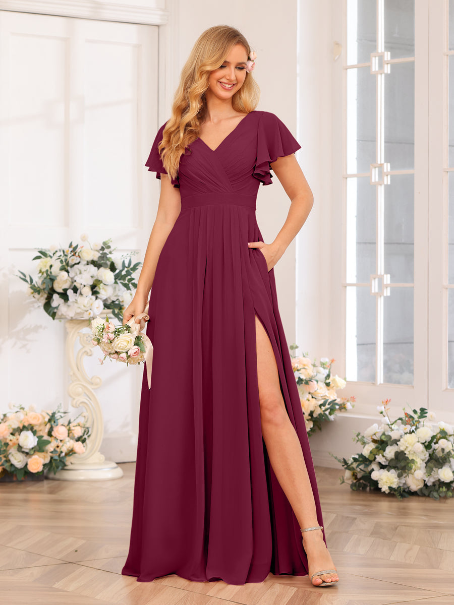 A-Line/Princess V-Neck Long Wedding Party Dresses with Split Side & Pockets Light Burgundy