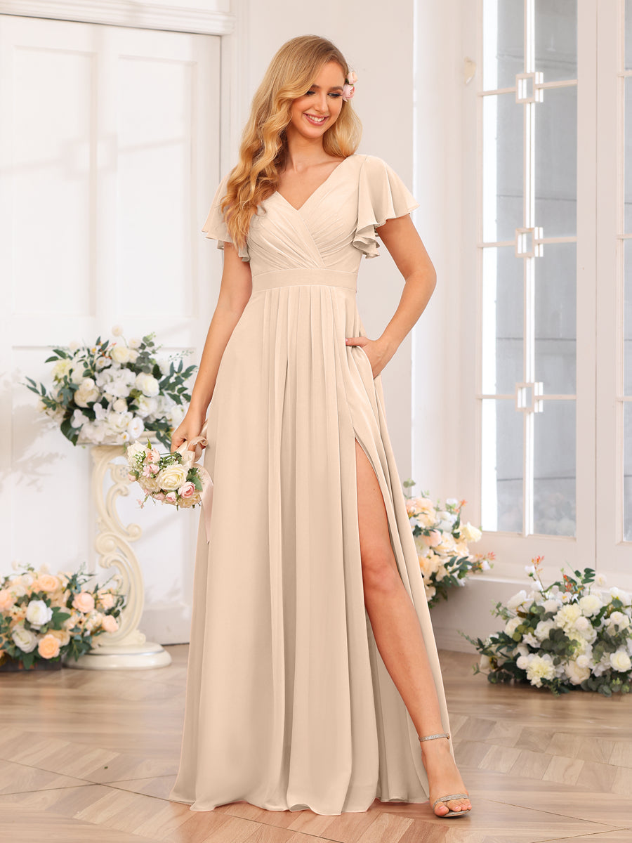 A-Line/Princess V-Neck Long Wedding Party Dresses with Split Side & Pockets Light Champagne