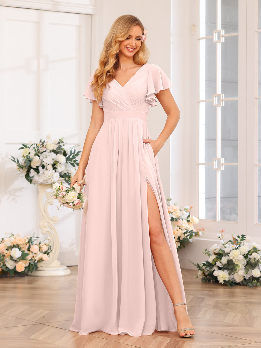 A-Line/Princess V-Neck Long Wedding Party Dresses with Split Side & Pockets Light Pink