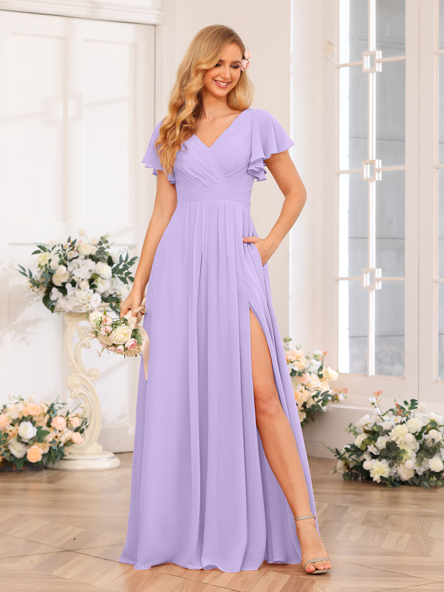 A-Line/Princess V-Neck Long Wedding Party Dresses with Split Side & Pockets Lilac