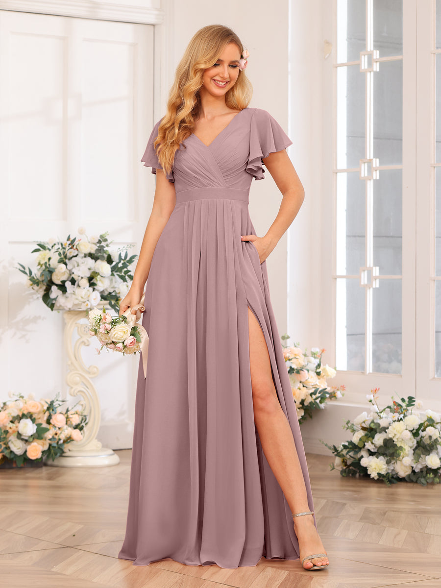 A-Line/Princess V-Neck Long Wedding Party Dresses with Split Side & Pockets Mauve
