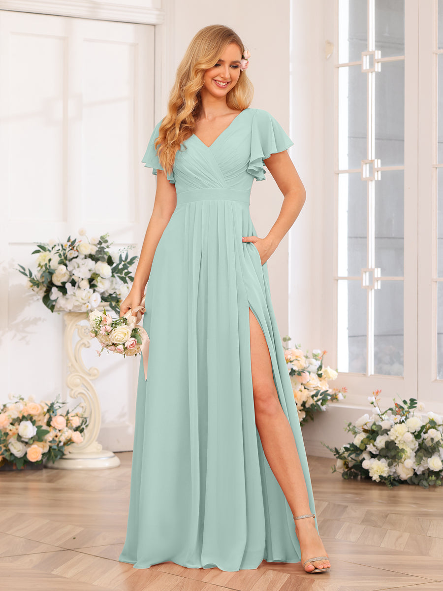 A-Line/Princess V-Neck Long Wedding Party Dresses with Split Side & Pockets Mist Blue