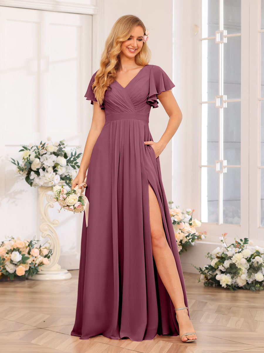 A-Line/Princess V-Neck Long Wedding Party Dresses with Split Side & Pockets Mulberry