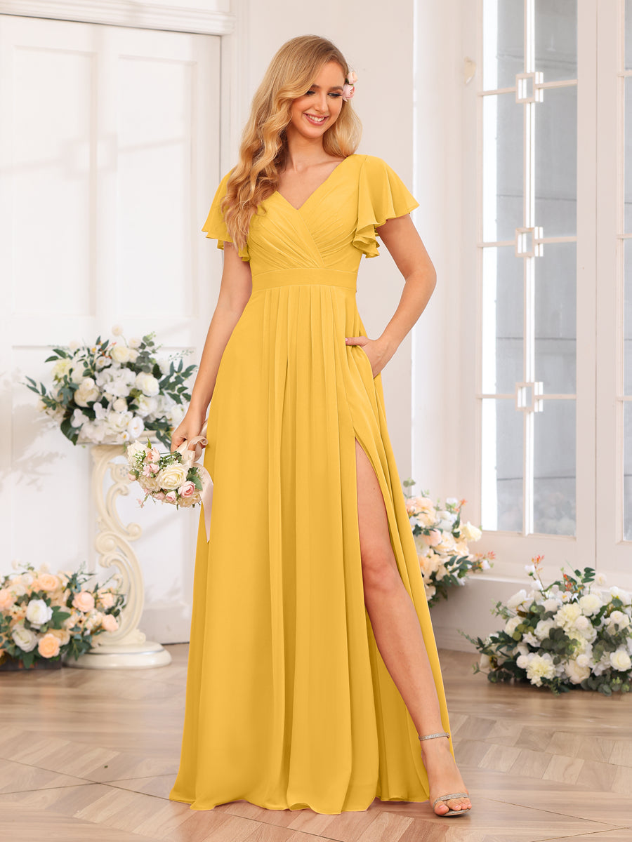 A-Line/Princess V-Neck Long Wedding Party Dresses with Split Side & Pockets Mustard Yellow