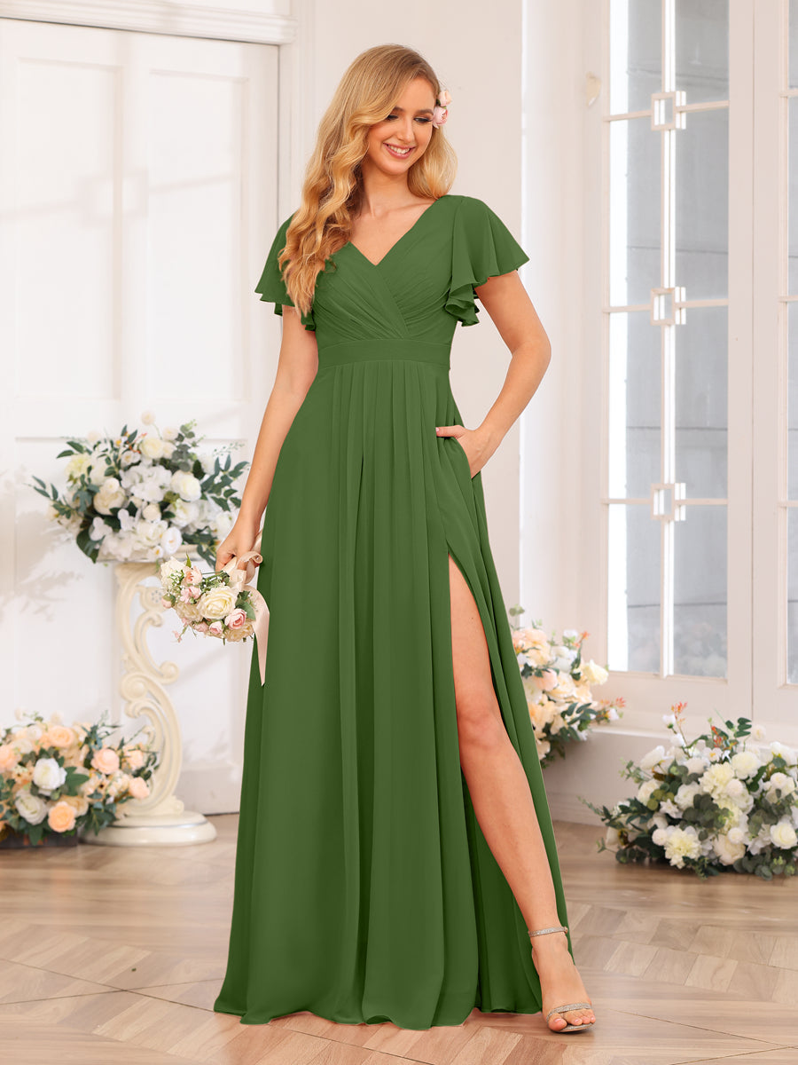 A-Line/Princess V-Neck Long Wedding Party Dresses with Split Side & Pockets Olive Green
