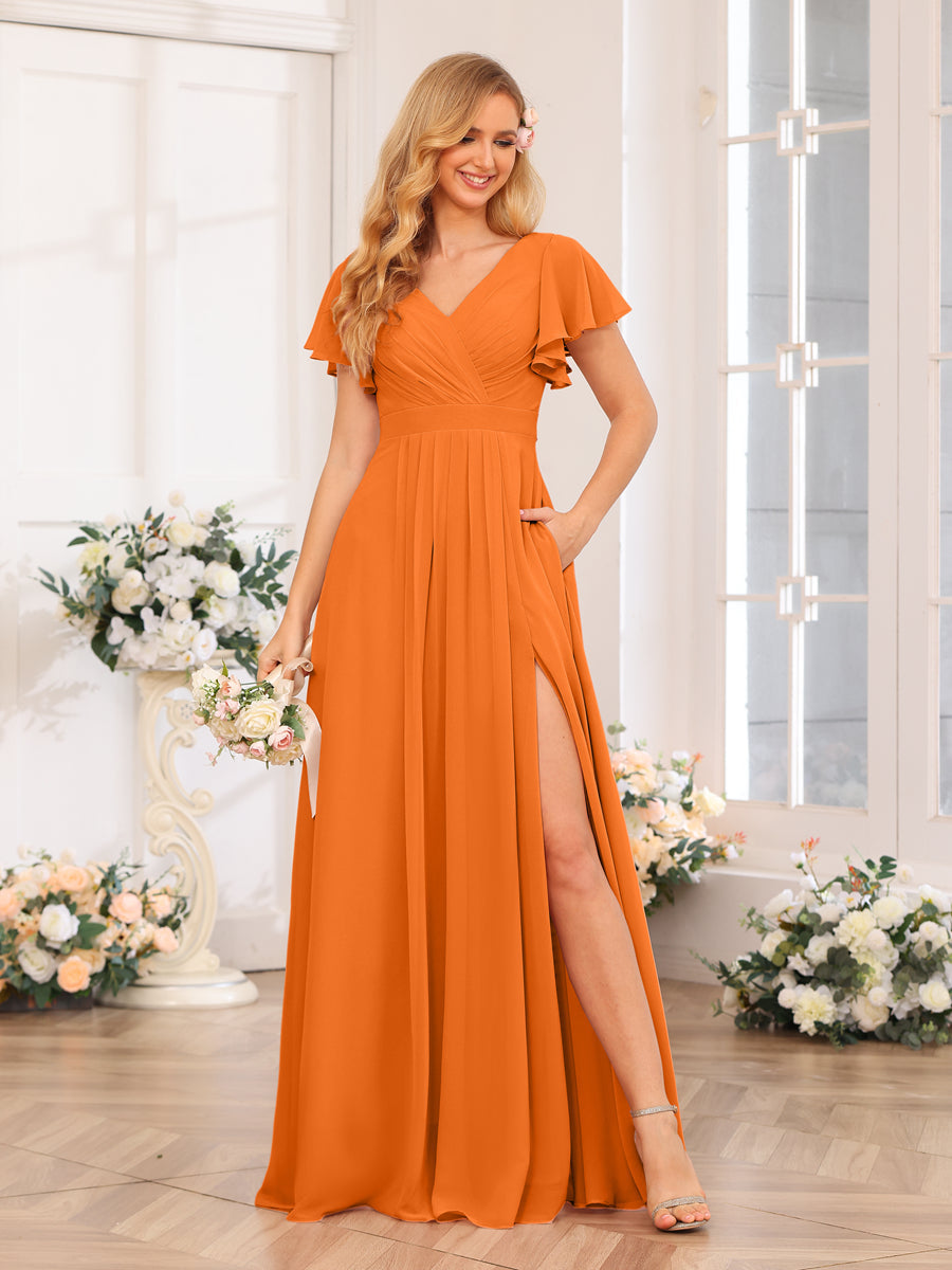 A-Line/Princess V-Neck Long Wedding Party Dresses with Split Side & Pockets Orange