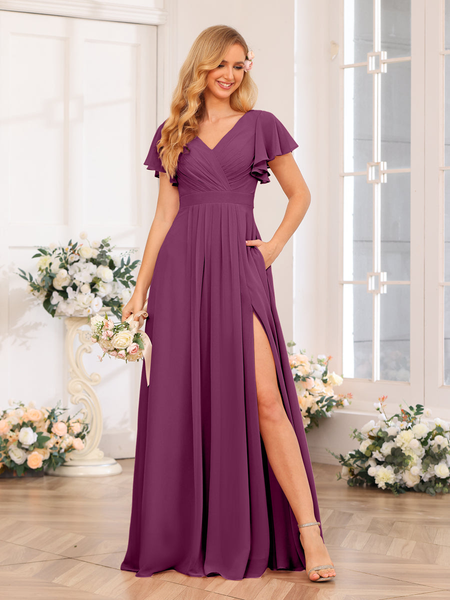 A-Line/Princess V-Neck Long Wedding Party Dresses with Split Side & Pockets Orchid