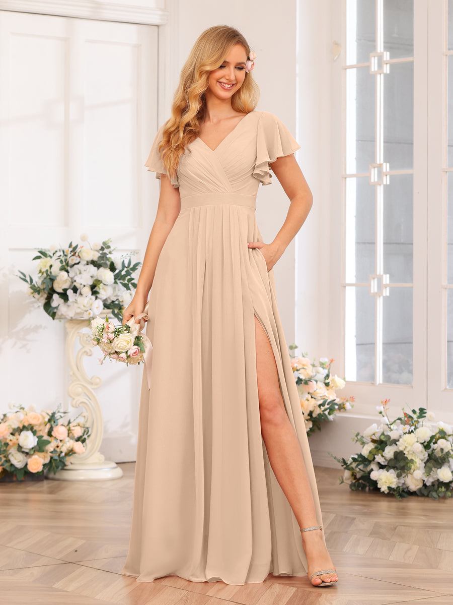 A-Line/Princess V-Neck Long Wedding Party Dresses with Split Side & Pockets Peach Pink