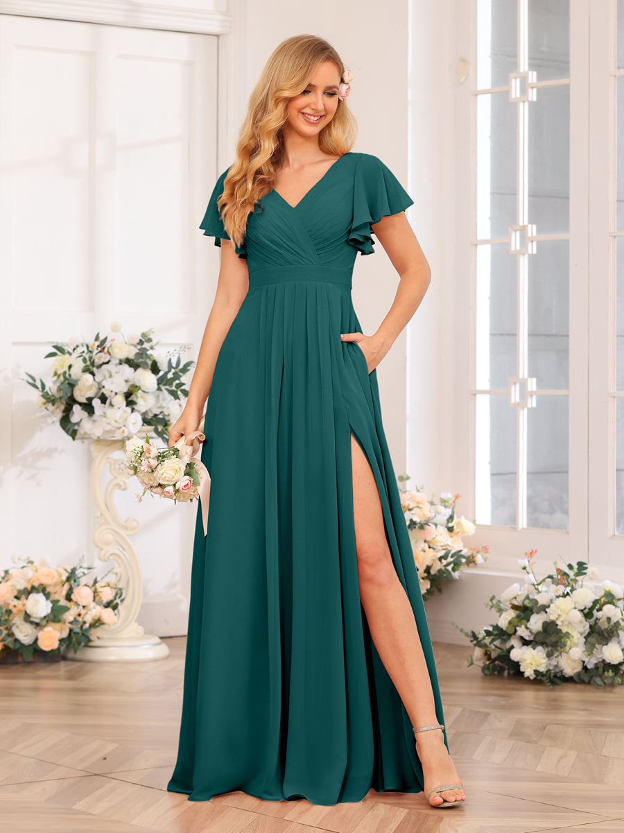 A-Line/Princess V-Neck Long Wedding Party Dresses with Split Side & Pockets Peacock
