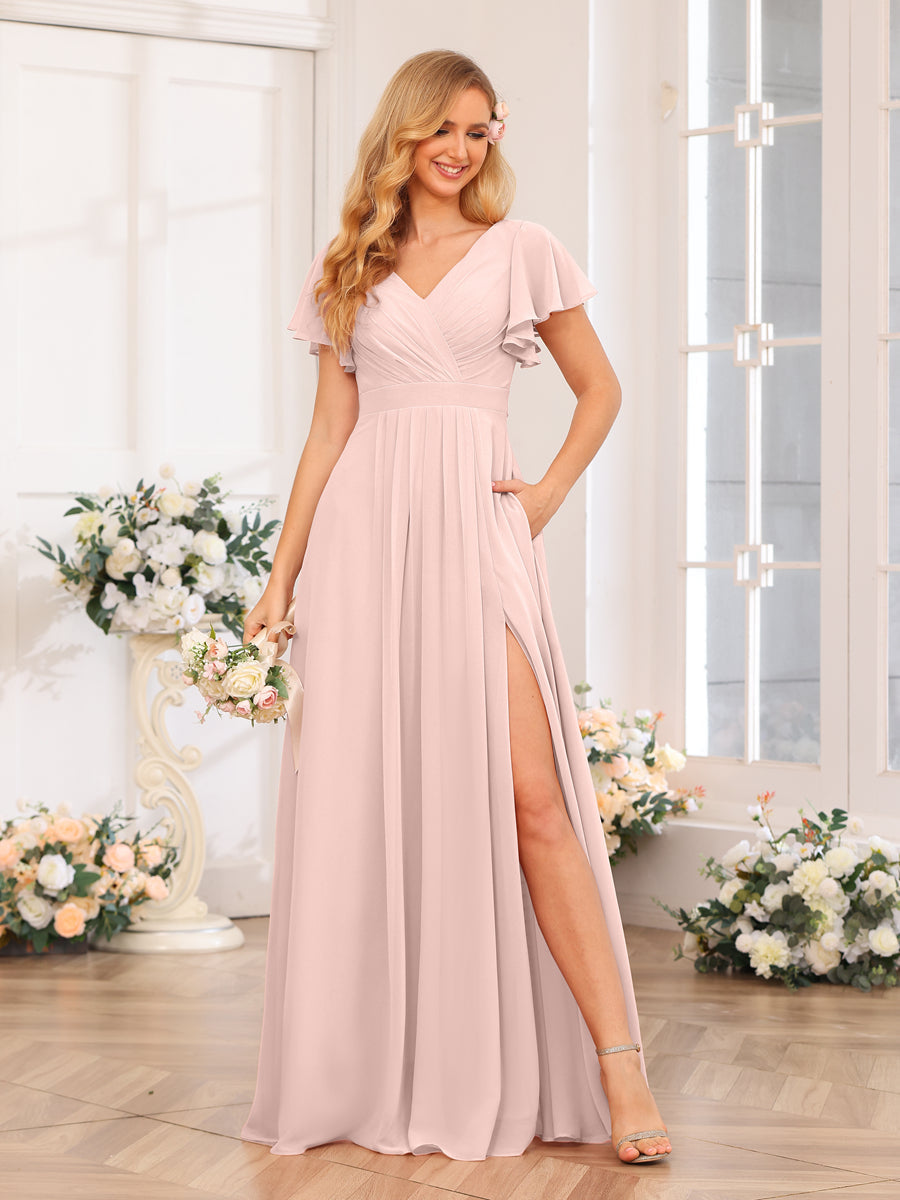 A-Line/Princess V-Neck Long Wedding Party Dresses with Split Side & Pockets Pearl Pink