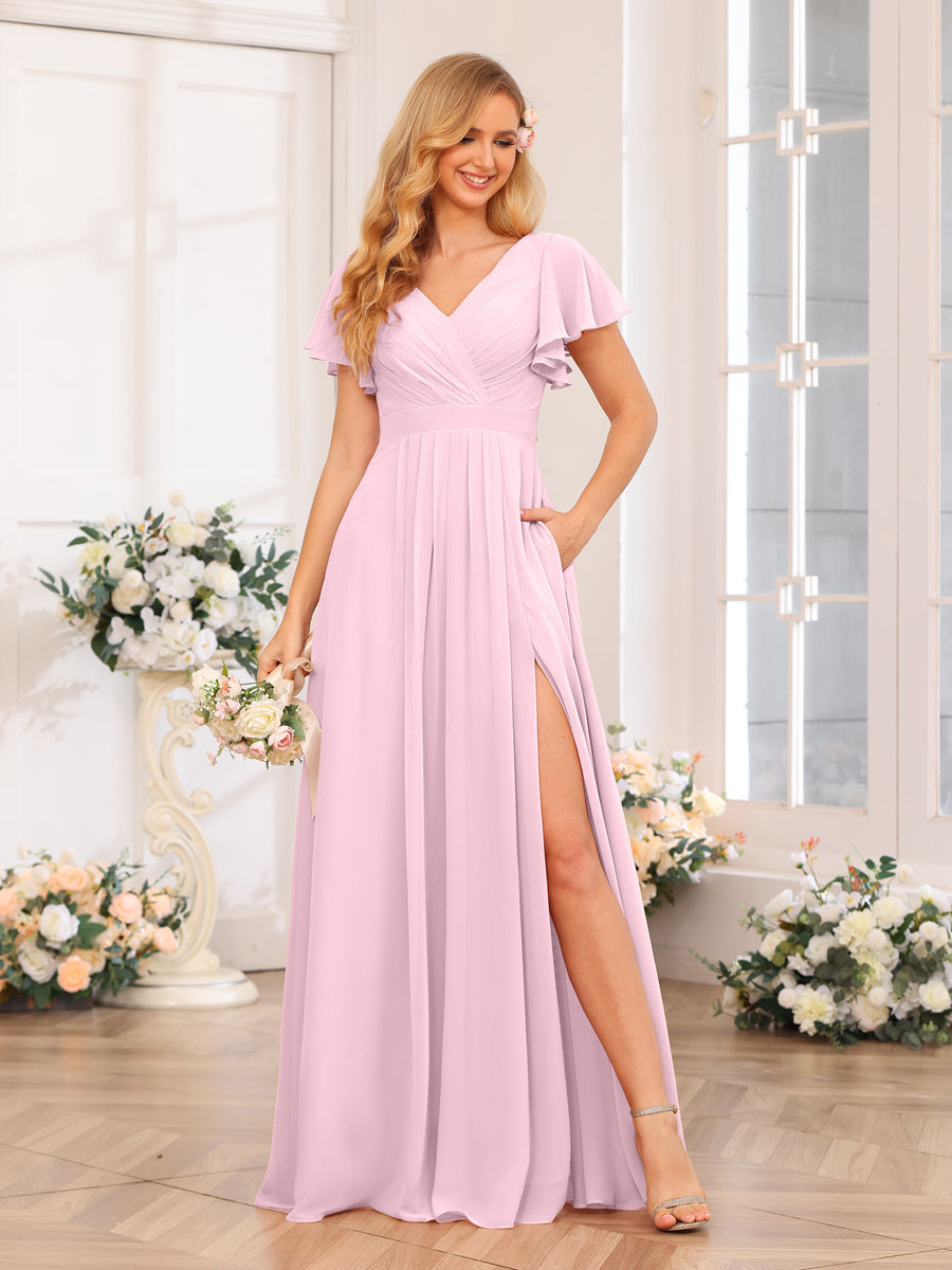A-Line/Princess V-Neck Long Wedding Party Dresses with Split Side & Pockets Pink