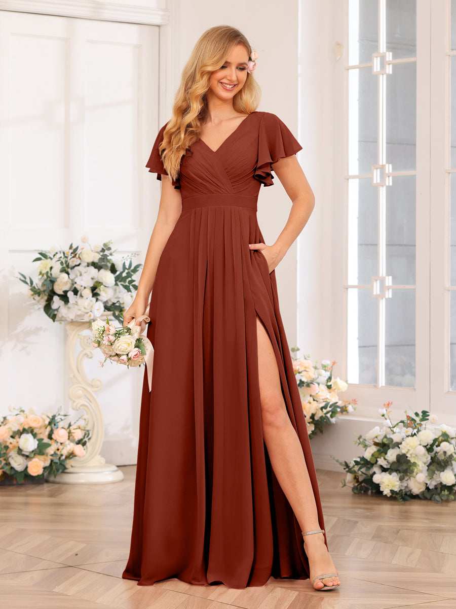 A-Line/Princess V-Neck Long Wedding Party Dresses with Split Side & Pockets Rust