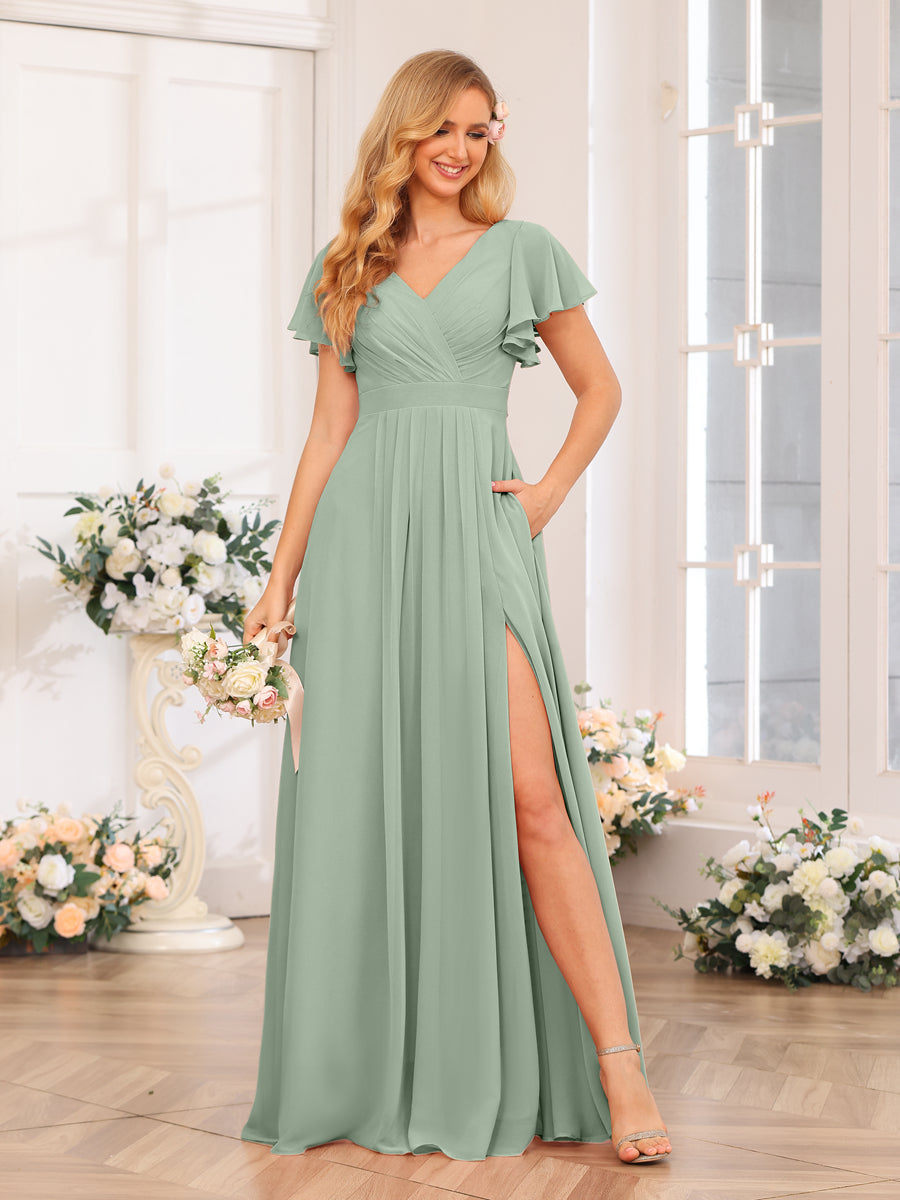 A-Line/Princess V-Neck Long Wedding Party Dresses with Split Side & Pockets Sage