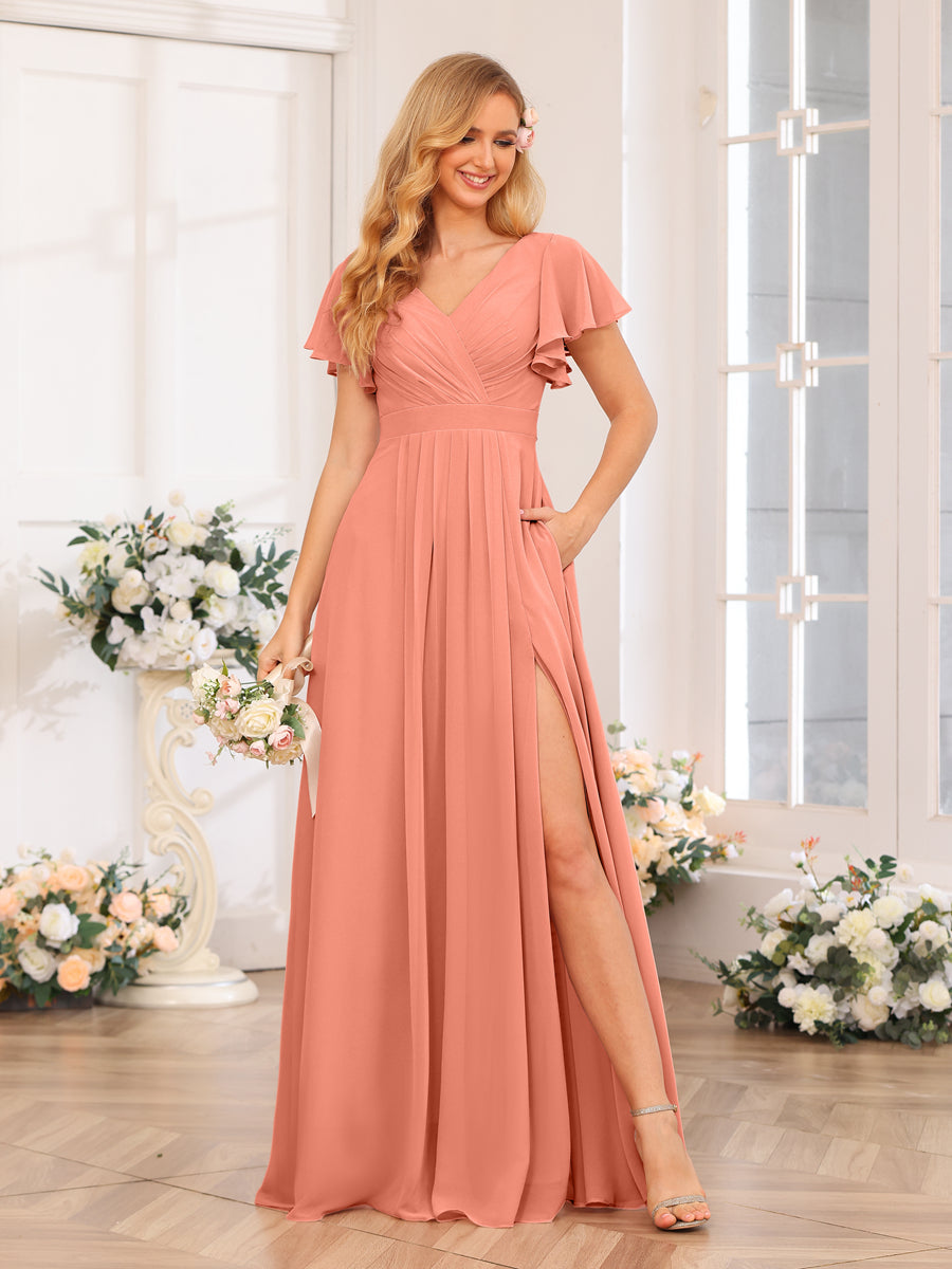 A-Line/Princess V-Neck Long Wedding Party Dresses with Split Side & Pockets Salmon