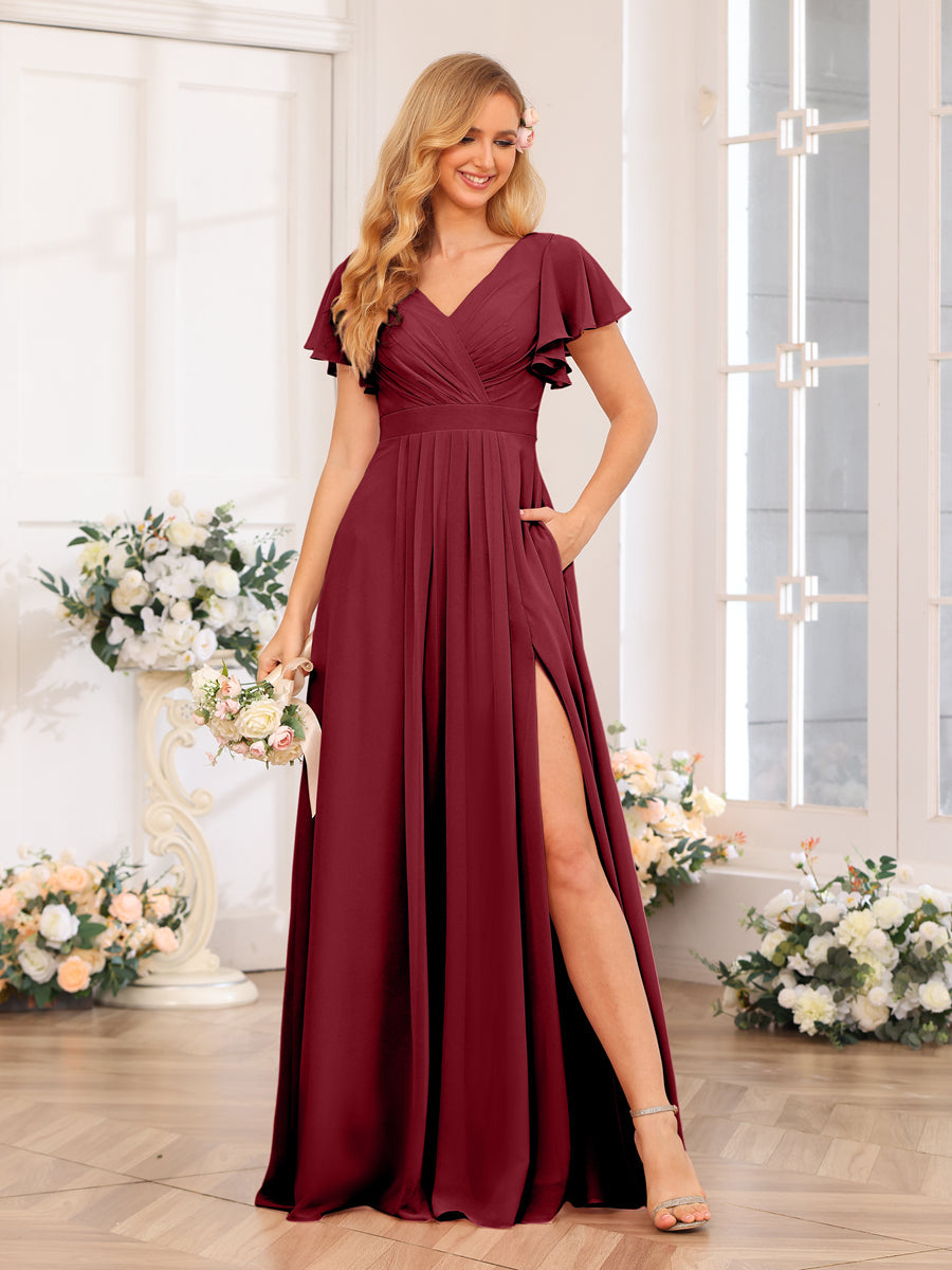 A-Line/Princess V-Neck Long Wedding Party Dresses with Split Side & Pockets Wine Red