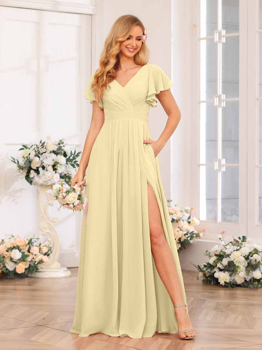A-Line/Princess V-Neck Long Wedding Party Dresses with Split Side & Pockets Yellow