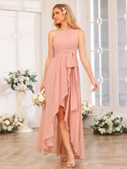 A-Line/Princess One-Shoulder Long Wedding Party Dresses with Sash