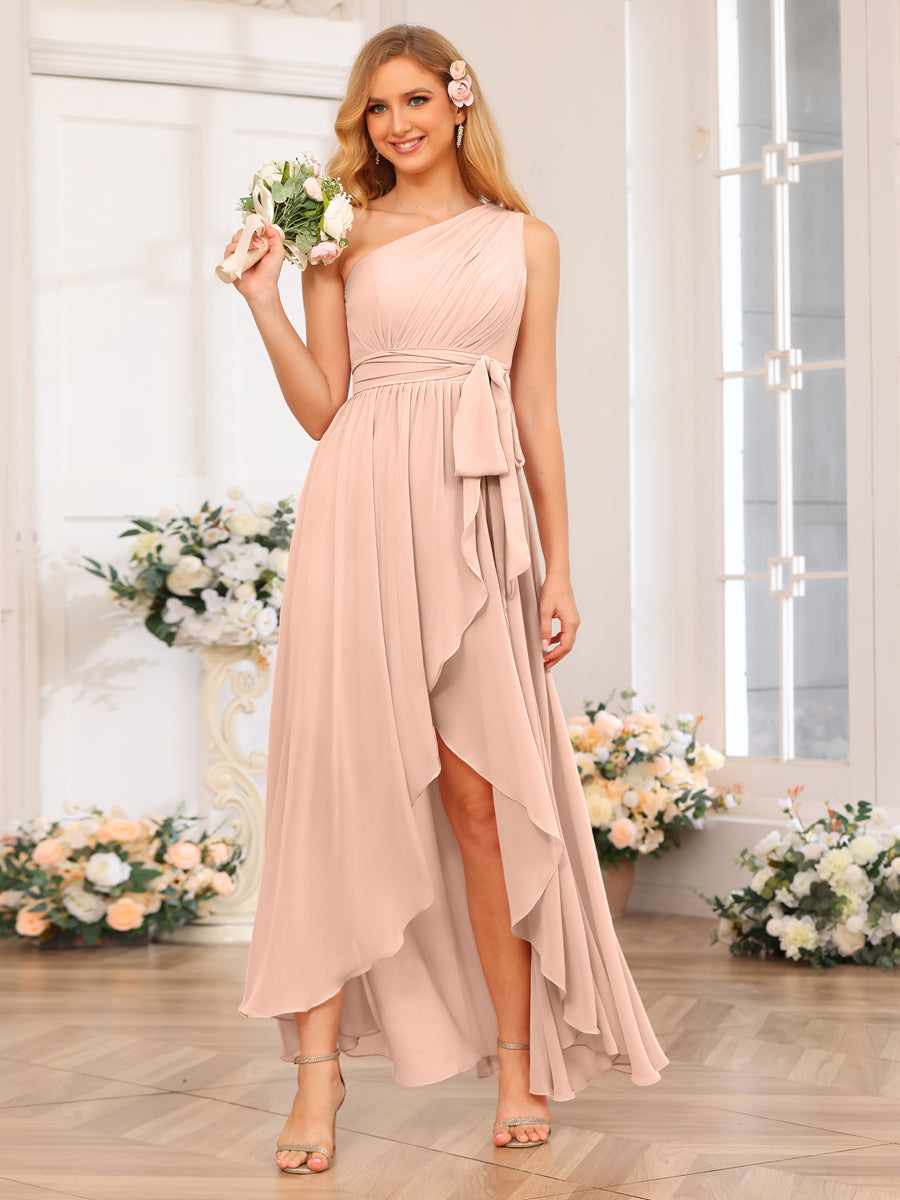 A-Line/Princess One-Shoulder Long Wedding Party Dresses with Sash Blush Pink