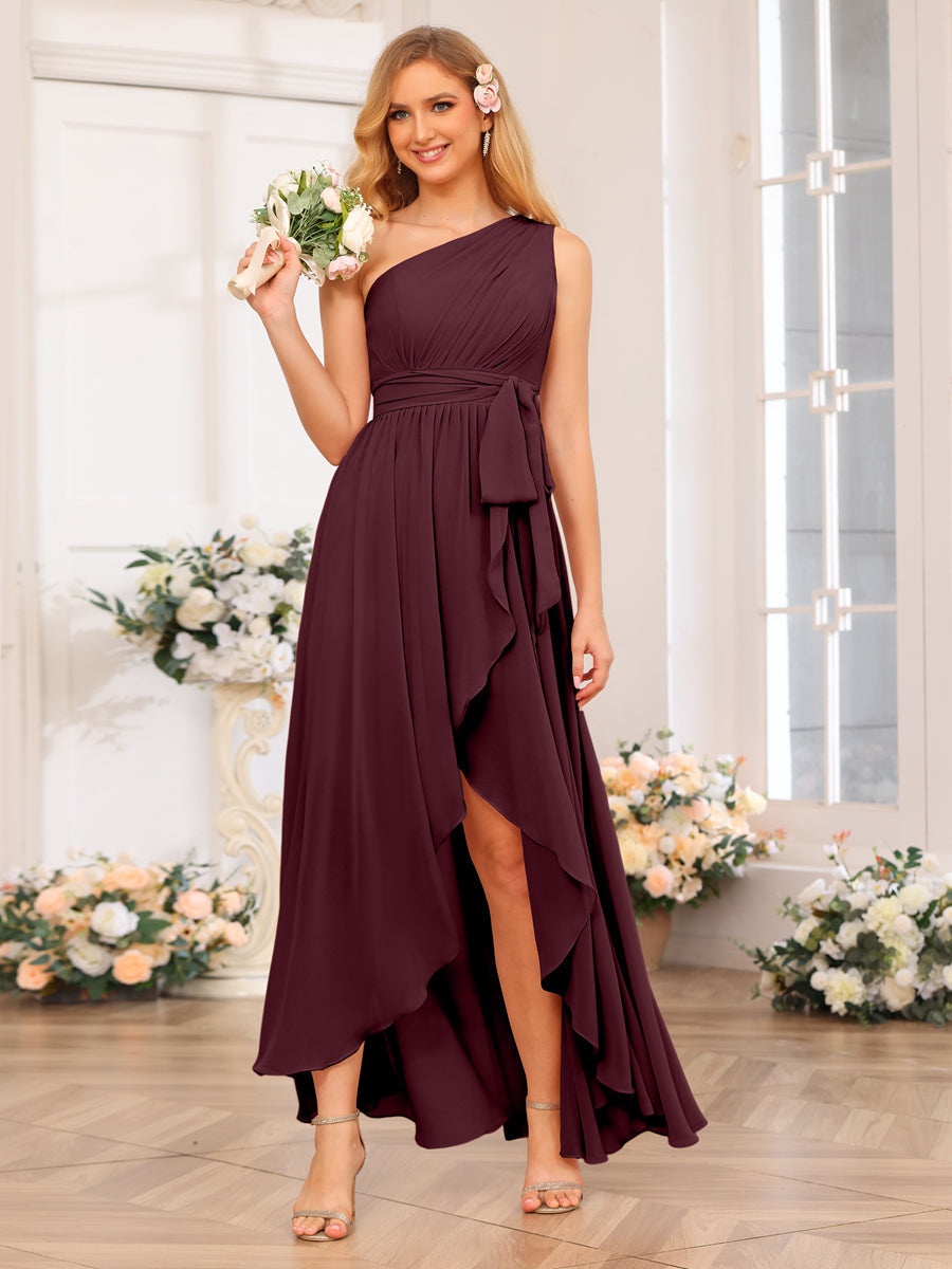 A-Line/Princess One-Shoulder Long Wedding Party Dresses with Sash Burgundy
