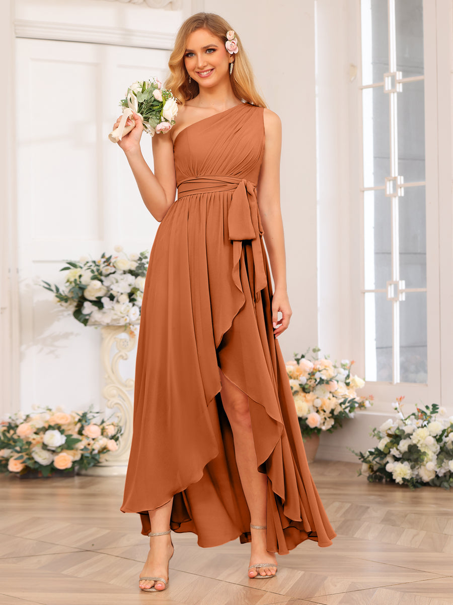 A-Line/Princess One-Shoulder Long Wedding Party Dresses with Sash Burnt Orange