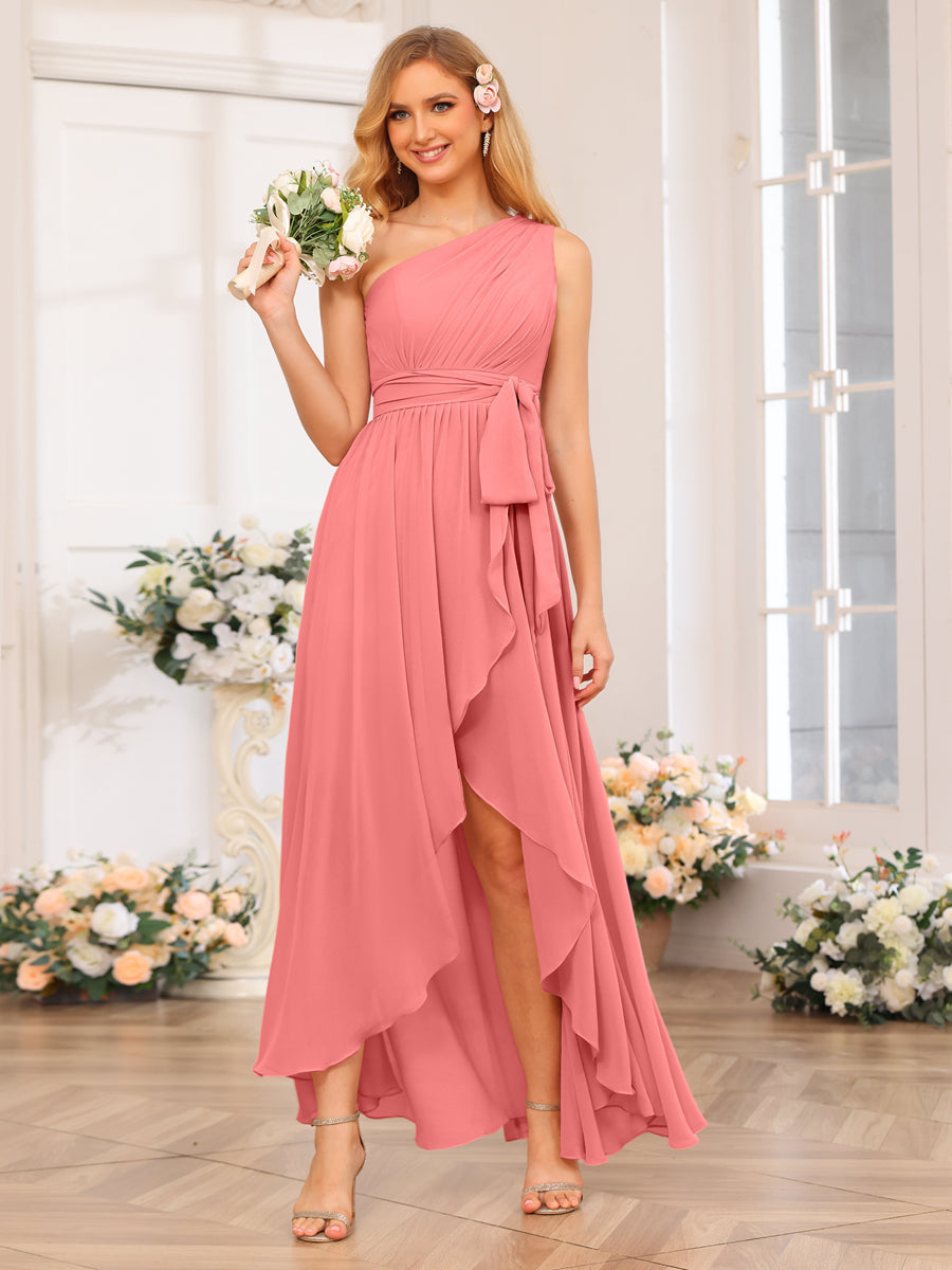 A-Line/Princess One-Shoulder Long Wedding Party Dresses with Sash Coral