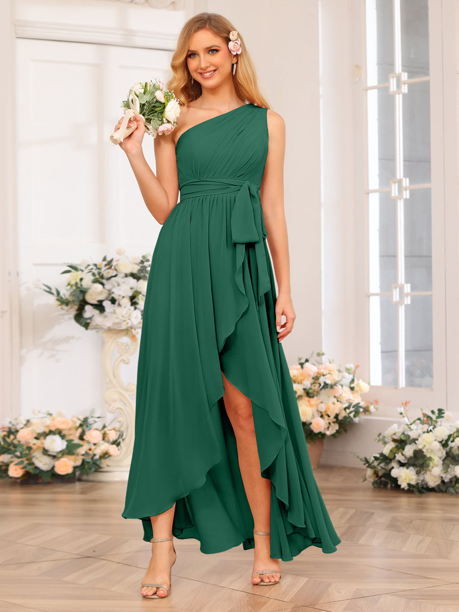 A-Line/Princess One-Shoulder Long Wedding Party Dresses with Sash Dark Green