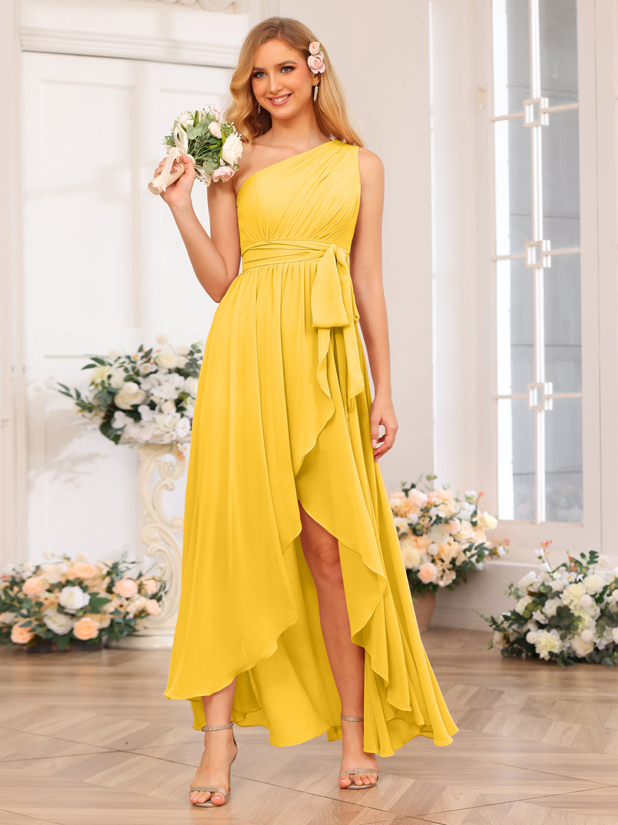 A-Line/Princess One-Shoulder Long Wedding Party Dresses with Sash Gold