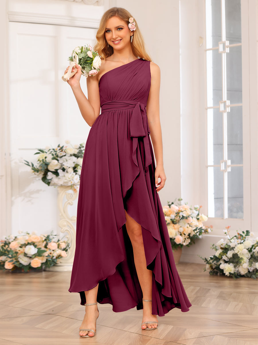 A-Line/Princess One-Shoulder Long Wedding Party Dresses with Sash Light Burgundy