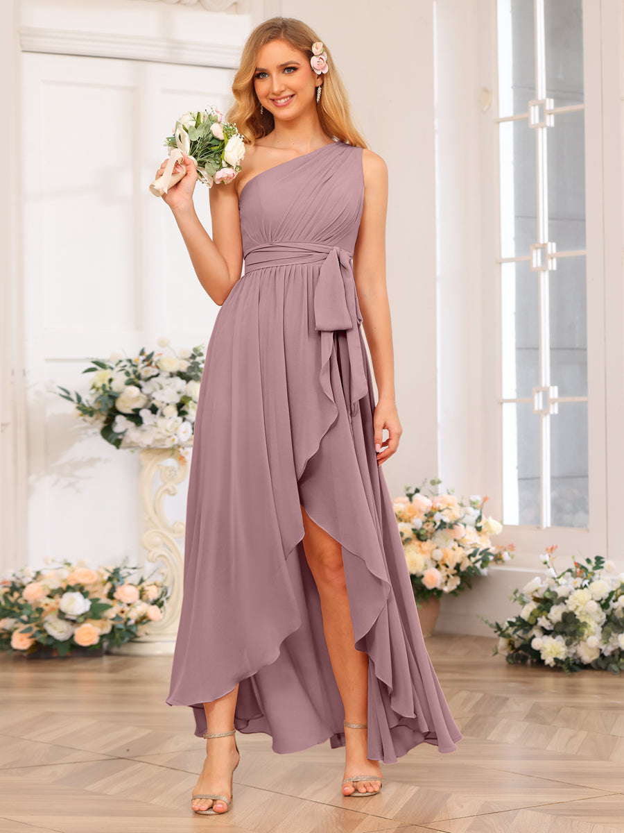 A-Line/Princess One-Shoulder Long Wedding Party Dresses with Sash Mauve