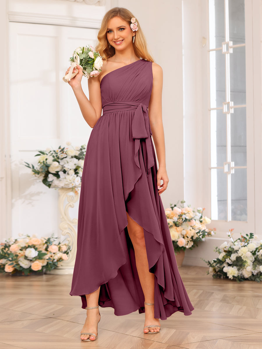 A-Line/Princess One-Shoulder Long Wedding Party Dresses with Sash Mulberry
