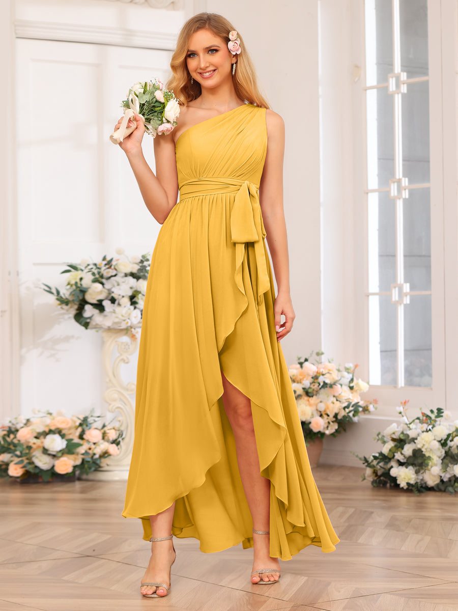 A-Line/Princess One-Shoulder Long Wedding Party Dresses with Sash Mustard Yellow