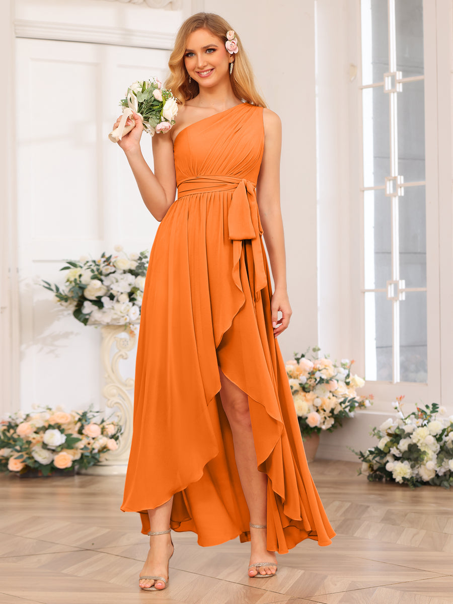 A-Line/Princess One-Shoulder Long Wedding Party Dresses with Sash Orange