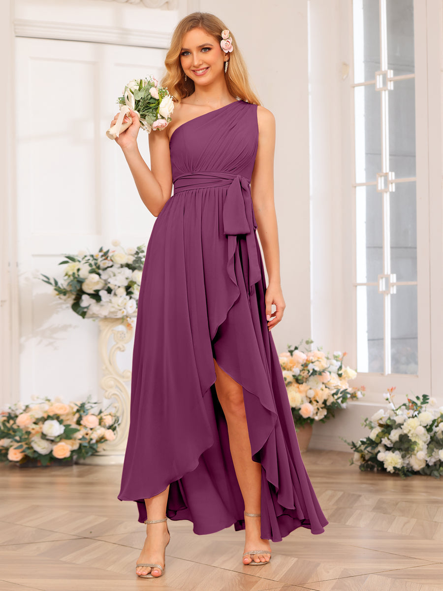 A-Line/Princess One-Shoulder Long Wedding Party Dresses with Sash Orchid