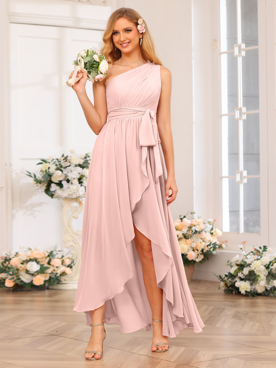A-Line/Princess One-Shoulder Long Wedding Party Dresses with Sash Pearl Pink