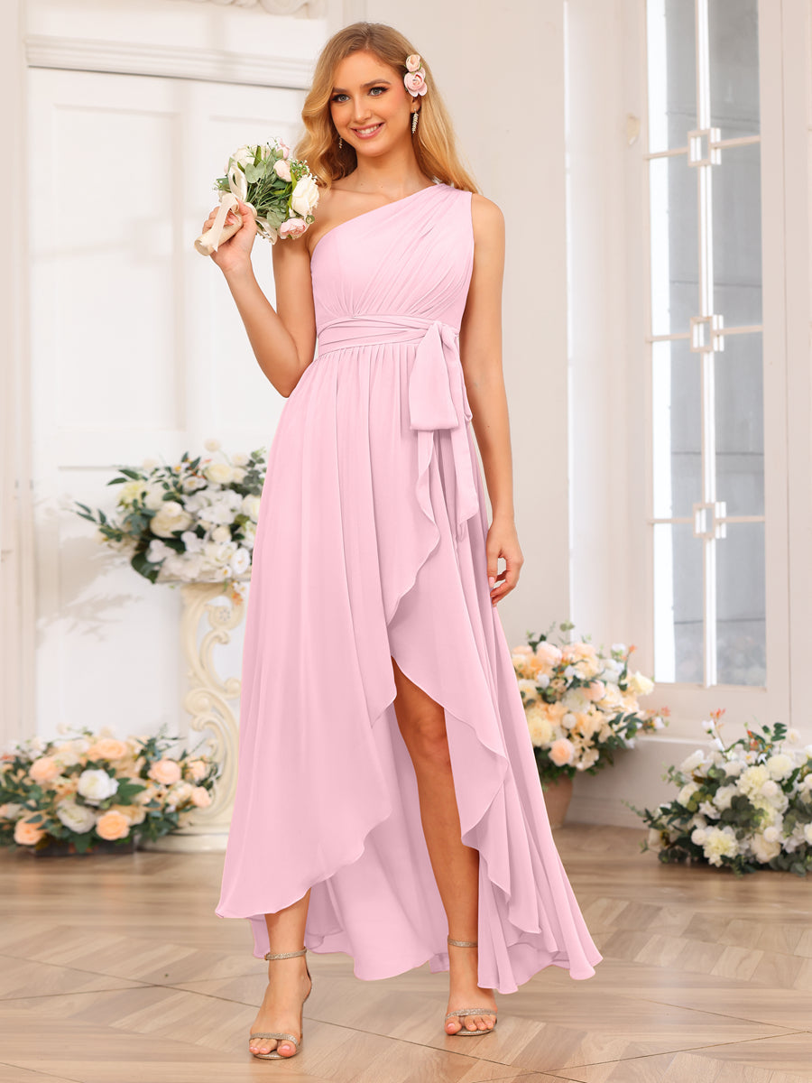 A-Line/Princess One-Shoulder Long Wedding Party Dresses with Sash Pink