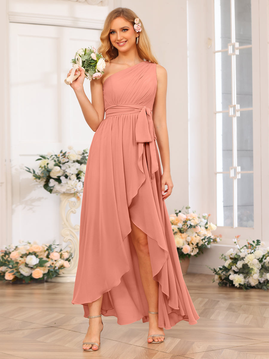 A-Line/Princess One-Shoulder Long Wedding Party Dresses with Sash Salmon