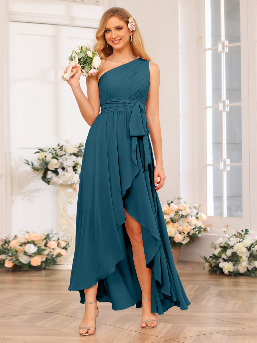 A-Line/Princess One-Shoulder Long Wedding Party Dresses with Sash Teal