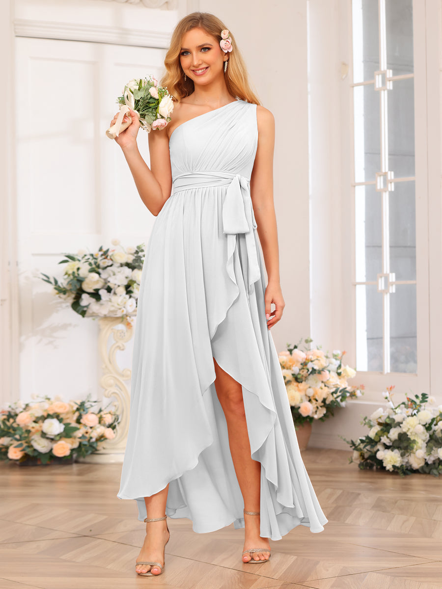 A-Line/Princess One-Shoulder Long Wedding Party Dresses with Sash White
