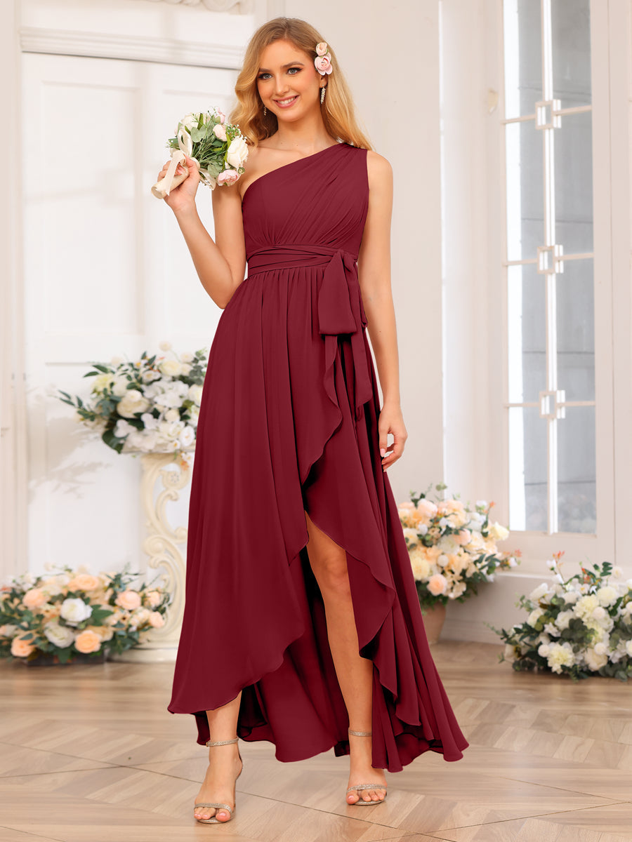 A-Line/Princess One-Shoulder Long Wedding Party Dresses with Sash Wine Red
