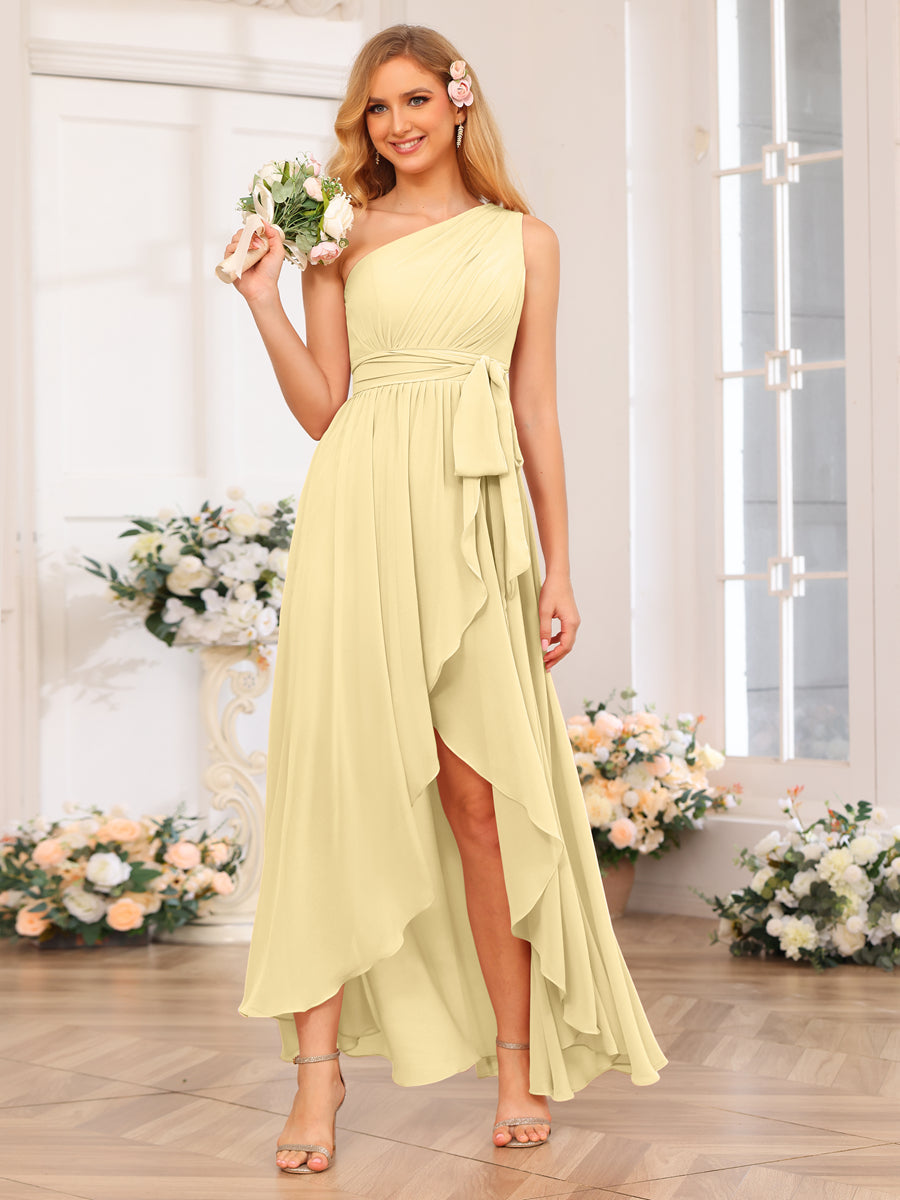 A-Line/Princess One-Shoulder Long Wedding Party Dresses with Sash Yellow