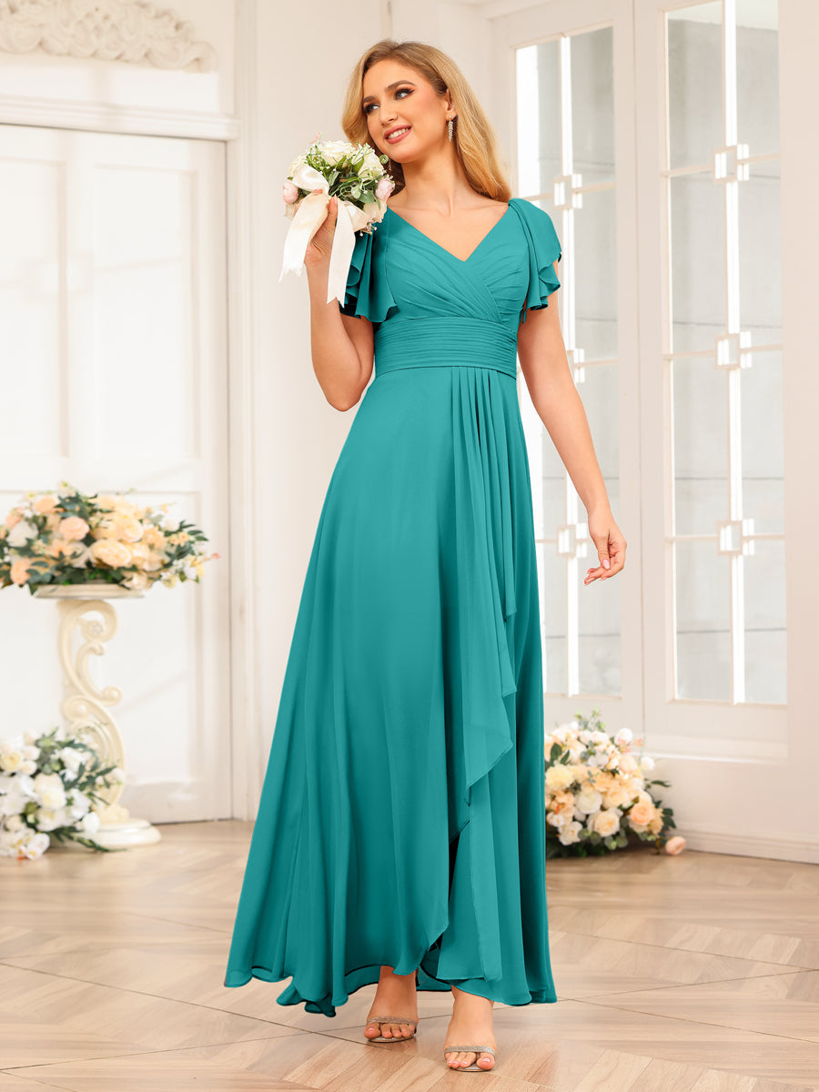 A-Line/Princess V-Neck Long Wedding Party Dresses with Ruffles Aqua Blue