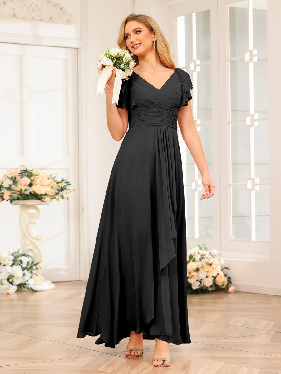 A-Line/Princess V-Neck Long Wedding Party Dresses with Ruffles Black