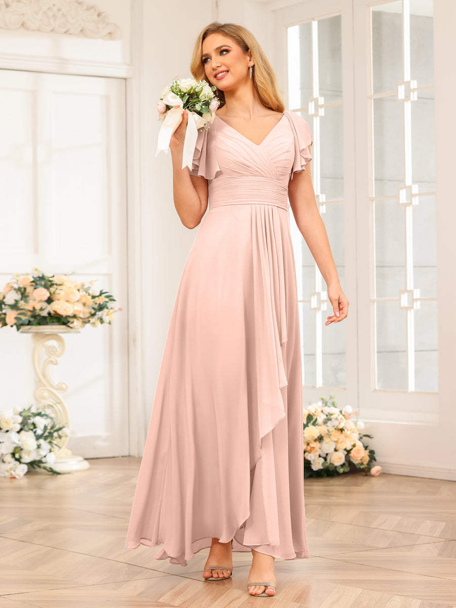 A-Line/Princess V-Neck Long Wedding Party Dresses with Ruffles Blush Pink