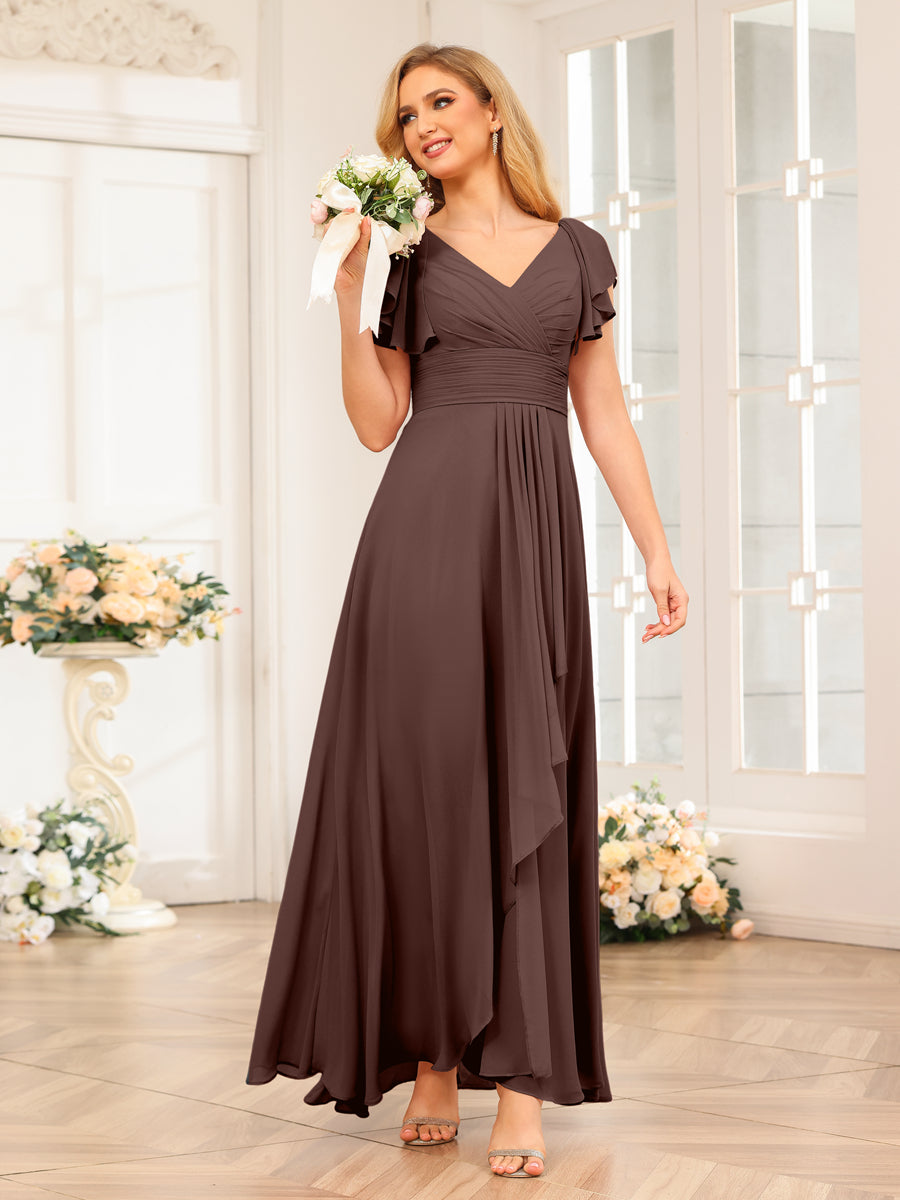 A-Line/Princess V-Neck Long Wedding Party Dresses with Ruffles Brown