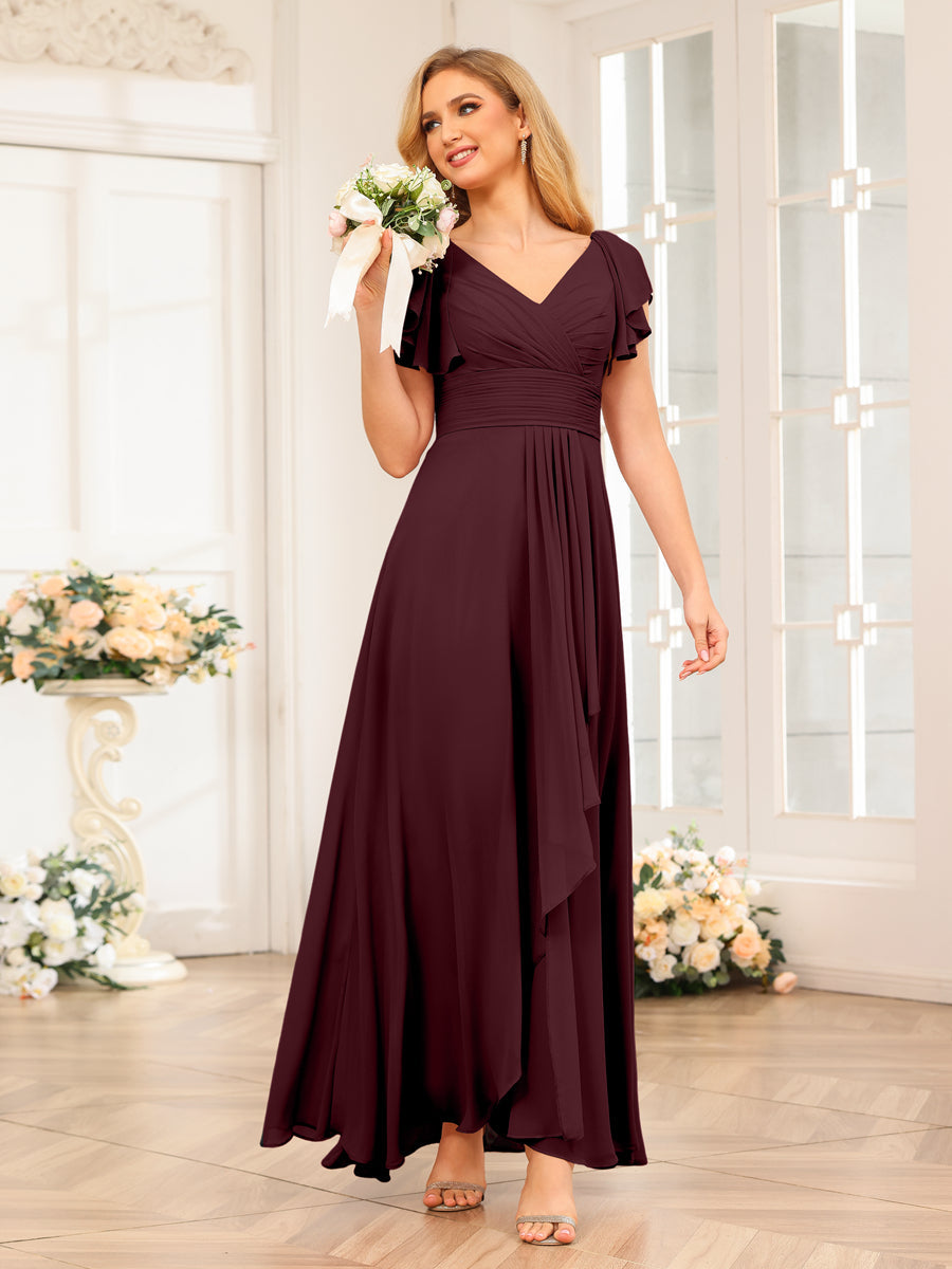 A-Line/Princess V-Neck Long Wedding Party Dresses with Ruffles Burgundy