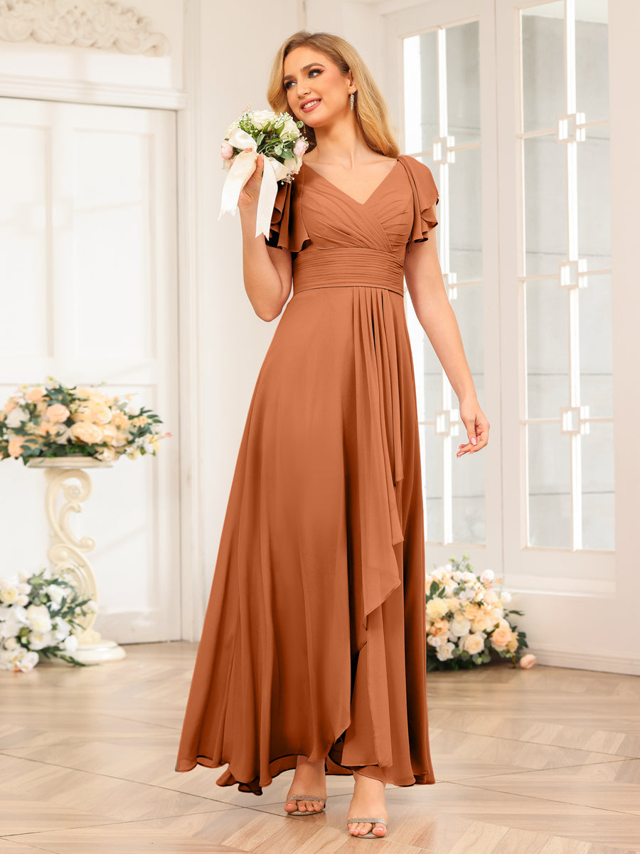 A-Line/Princess V-Neck Long Wedding Party Dresses with Ruffles Burnt Orange